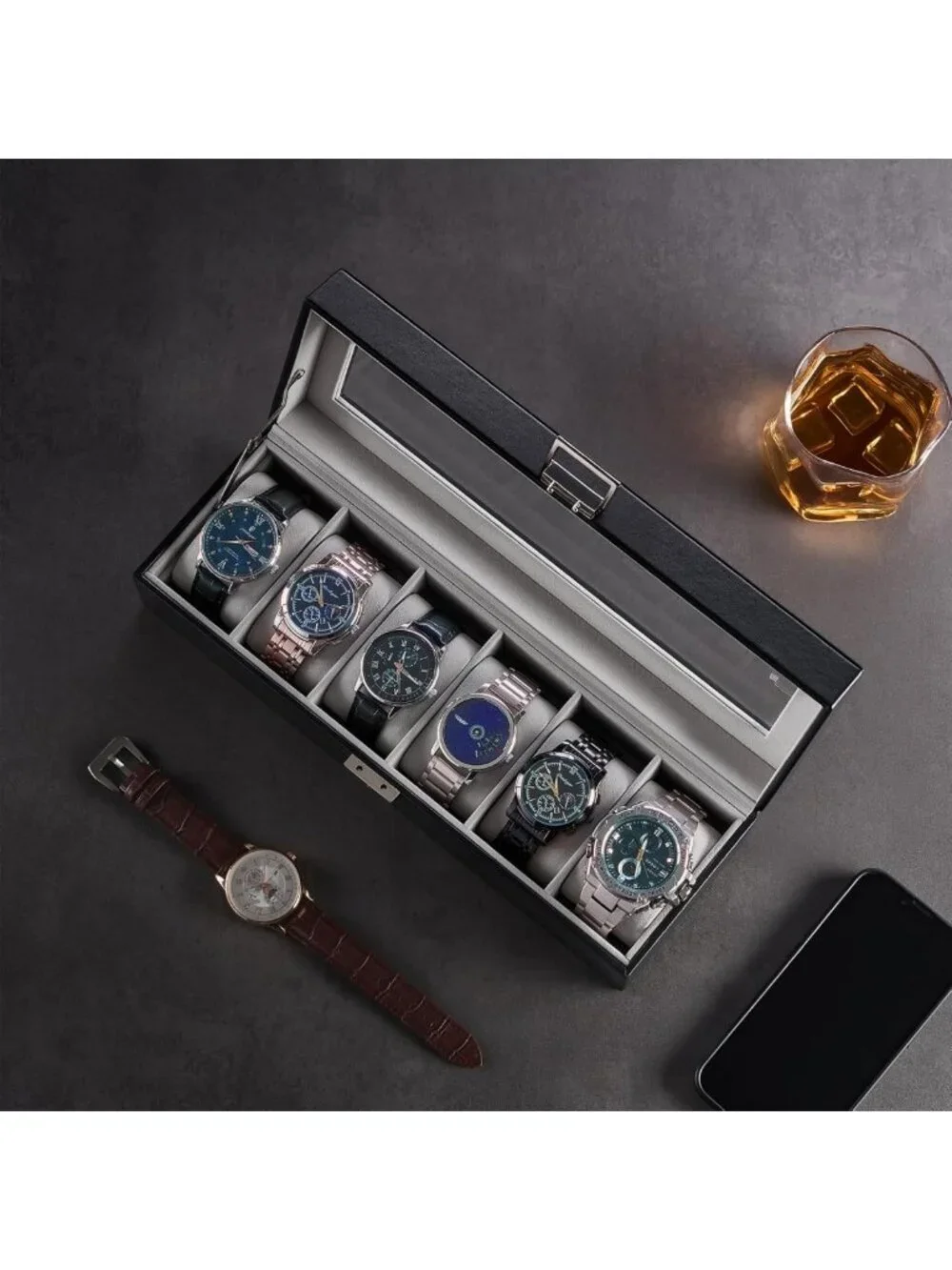 Stylish 6-Slot Watch Case for Men | PU Leather Organizer with Lockable Glass Lid